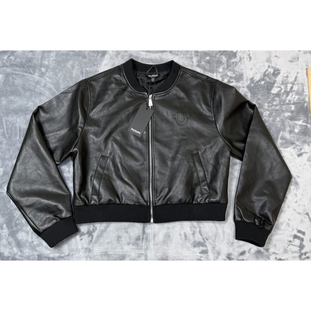 True Religion Womens TR Crop PU Bomber Jacket Jet Black Size XL NWT Style 600416